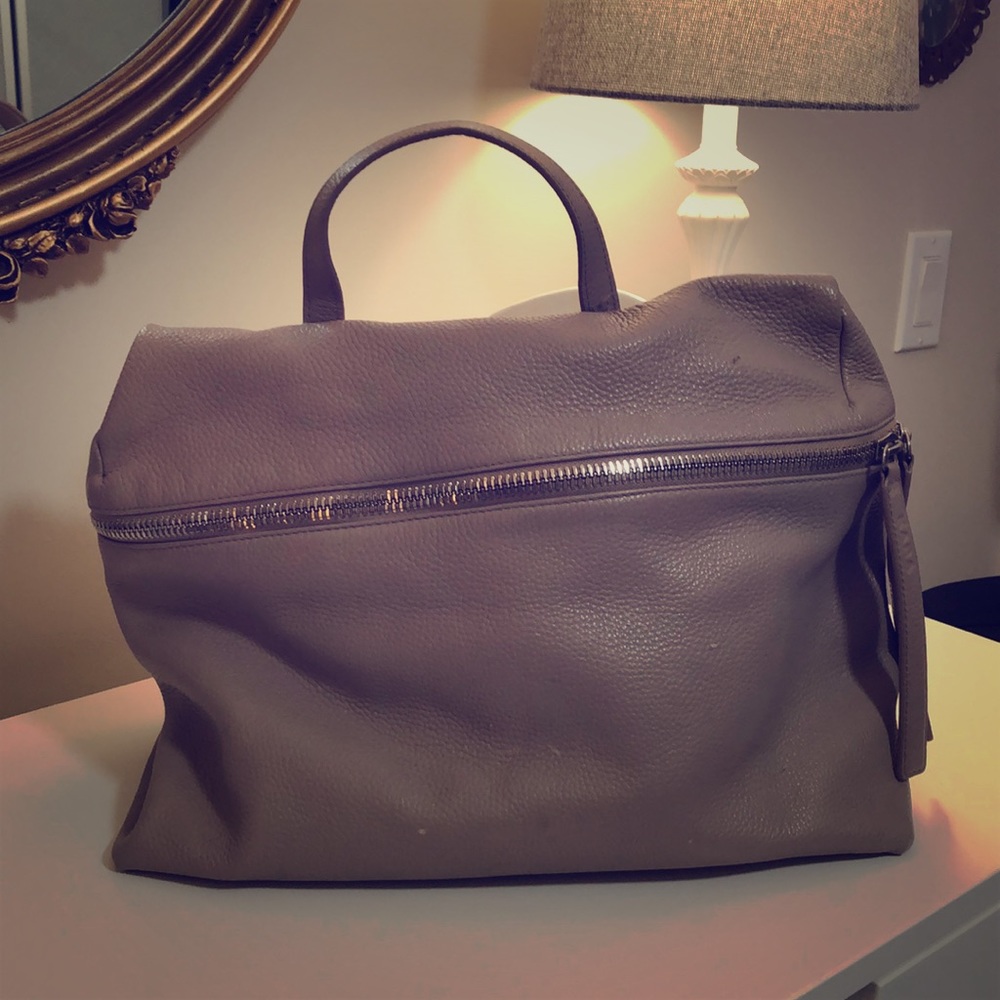 KARA Taupe Pebbled Leather Shoulder Bag